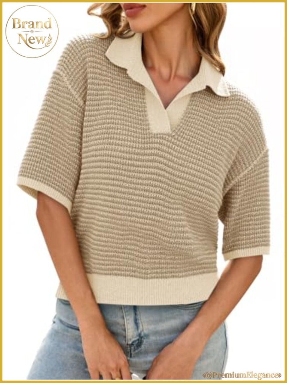 Cropped Knit Polo Sweater Short Sleeve V-Neck Striped Pullover